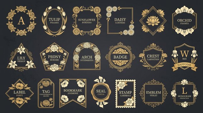 Elegant floral monogram frames and borders for design projects. Decorative vintage embellishments for invitations and branding.