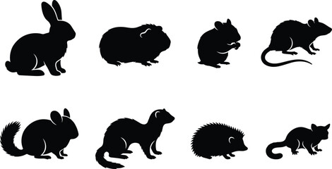 Small pets and rodents silhouettes set including rabbit guinea pig hamster rat chinchilla ferret hedgehog sugar glider vector