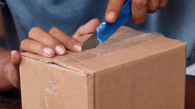 Close-up of an Asian man's hands opening a sealed cardboard box with a utility knife during a home package unboxing. Parcel delivery, online shopping, and package opening.