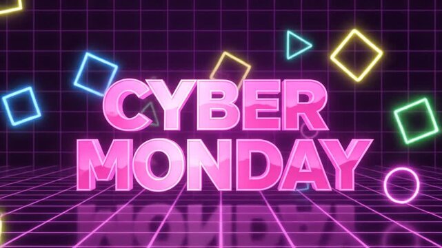 Cyber Monday pink neon text on retro synthwave background