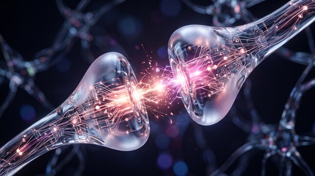 3D render digital illustration of neural synapse transmission with glowing electrical signals between glass neuron cells