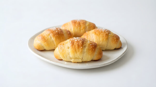 Medium shot, white plate features four plain butter Japanese salt breads with sesame seeds or shio pan on clean white background. Asian bakery goods ideas