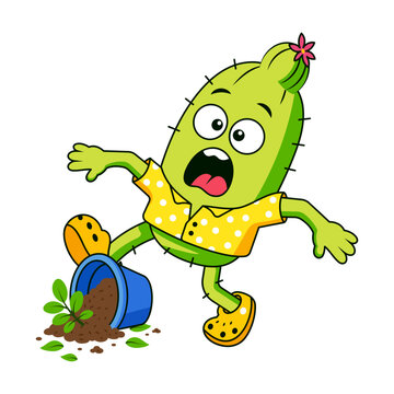 Shocked cactus character stumbling over a spilled paint container.