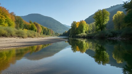 Scenic mountain river landscape with forest trees and clear reflections in calm water © iqra