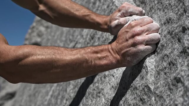 A determined rock climber grips the rough granite surface firmly while scaling a steep mountain face during a challenging summer expedition to reach the summit and conquer the natural stone