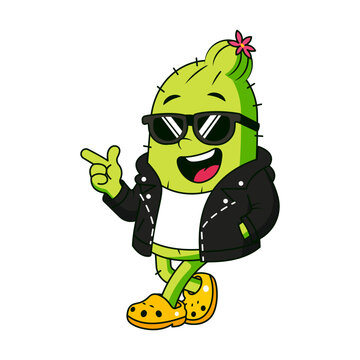 Fashionable cactus character wearing sunglasses and a black jacket.