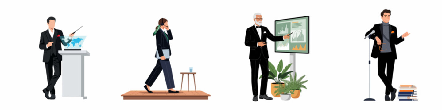 Set of diverse business professionals presenting data, using digital technology, and delivering public speeches isolated on white background.