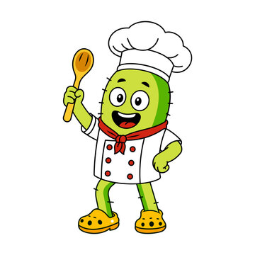 Professional cactus chef wearing a uniform and holding a spoon.