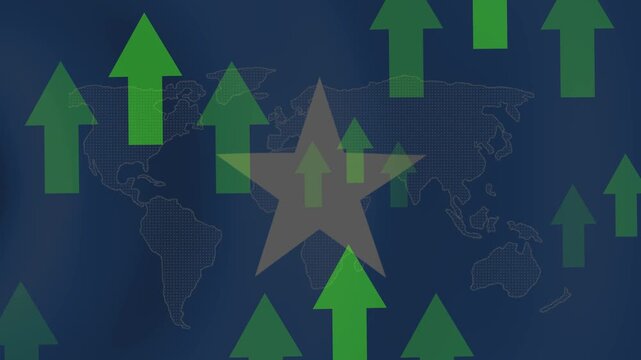 Global Growth and Success: A world map overlaid with a prominent star and numerous upward-pointing green arrows signifies worldwide economic progress and financial success.