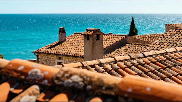 Terracotta rooftops with chimney and a cypress tree against a blue mediterranean sea and clear sky on a sunny day.