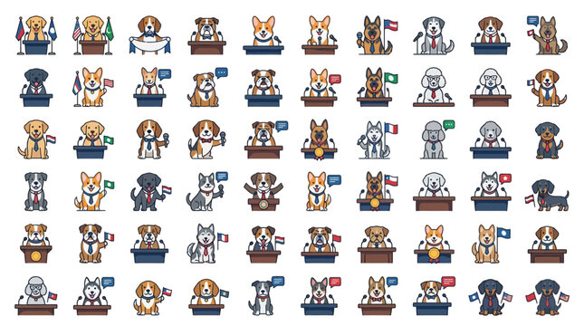 Collection of cute cartoon dogs dressed as politicians giving speeches at podiums with flags.