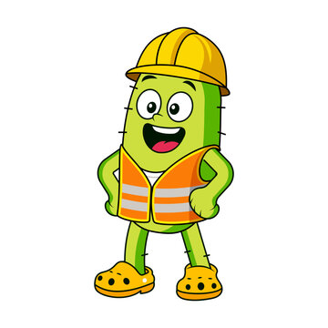 Cactus construction worker wearing a safety helmet and reflective vest.