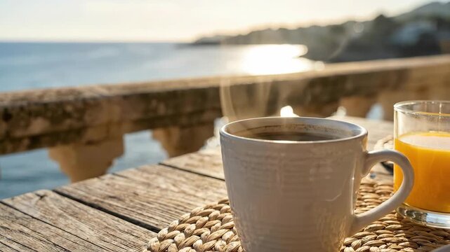 Steaming coffee mug and orange juice on a wooden table at a Mediterranean balcony, overlooking the sea at sunrise