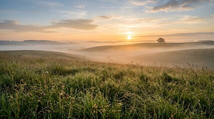 Fototapeta premium Breathtaking Morning Sunrise Over a Rolling Misty Meadow Landscape with Golden Sunlight Illuminating a Peaceful Countryside Field