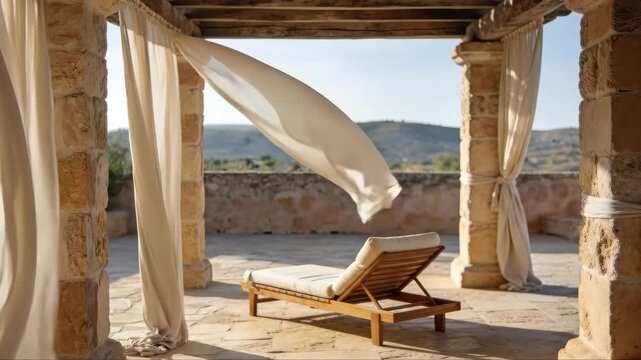 Mediterranean patio with wooden sun lounger and flowing curtains against a mountain landscape indicating relaxation and summer vacation.