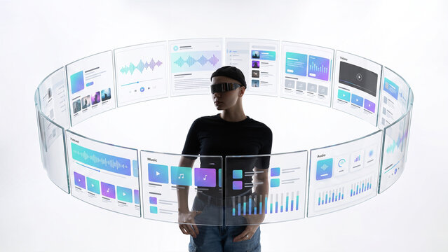 Young man wearing headphones and cap surrounded by panoramic digital media dashboard. Concept of personalized music streaming, online entertainment platform, consumer app engagement.