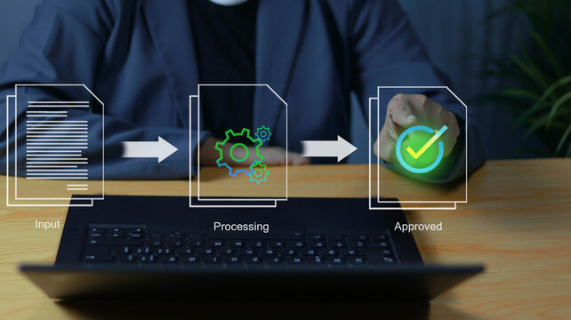 Business professional managing a digital document approval workflow from input to processing and final approval, featuring business automation, document verification, and workflow optimization.