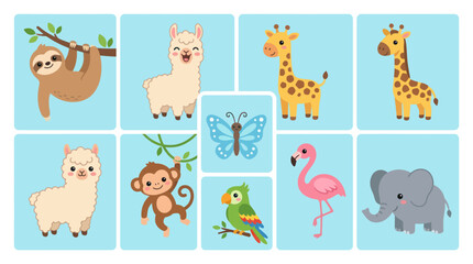 Fototapeta premium Cute cartoon animals on blue background