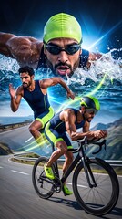 Fototapeta na wymiar Male triathlete swimming cycling and running in high energy vertical sports poster. Concept of athletic determination, multisport competition, fitness advertising.