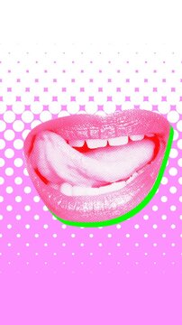 Seamless young vertical video of cartoon style woman mouth with duotono colors isolated with copyspace. Stop motion minimal art collage halftone style lips background in pink and white.