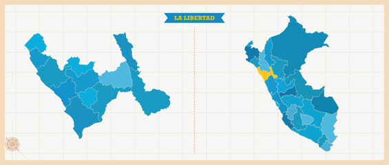 Fototapeta premium La Libertad Region Highlighted in Peru Map, Modern Peru and La Libertad Administrative Map, Colorful High Detailed Vector with Geographical Borders