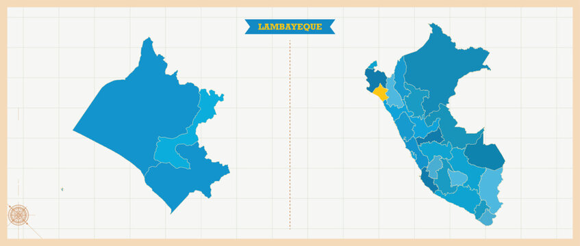 Lambayeque Region Highlighted in Peru Map, Modern Peru and Lambayeque Administrative Map, Colorful High Detailed Vector with Geographical Borders