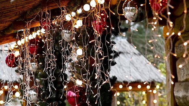 The old traditional village house is decorated with balloons and glowing garlands for New Year and Christmas.