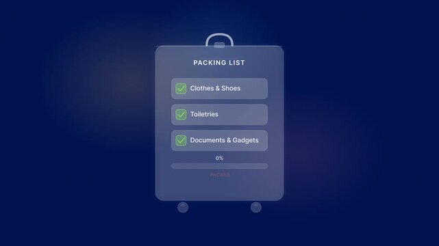 Luggage packing list digital interface, animated checklist with interactive checkboxes and progress