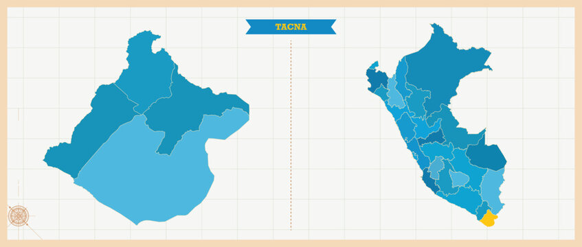 Tacna Region Highlighted in Peru Map, Modern Peru and Tacna Administrative Map, Colorful High Detailed Vector with Geographical Borders