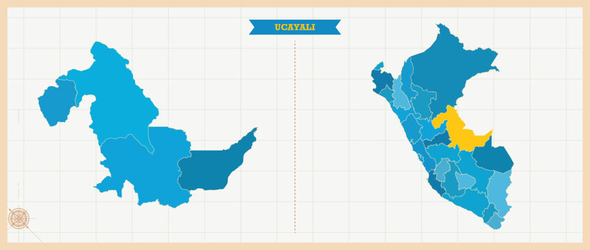 Ucayali Region Highlighted in Peru Map, Modern Peru and Ucayali Administrative Map, Colorful High Detailed Vector with Geographical Borders