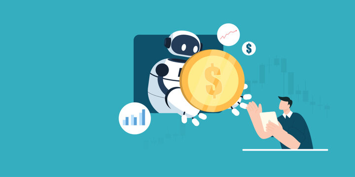 AI robot assistant giving a giant gold dollar coin to a businessman holding a digital tablet with growth chart icons and stock market graph on background.