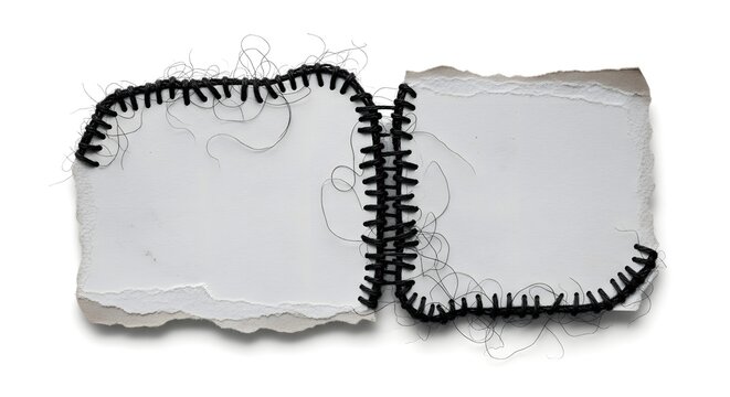 Two square pieces of white fabric joined together with thick black blanket stitch embroidery on a white background