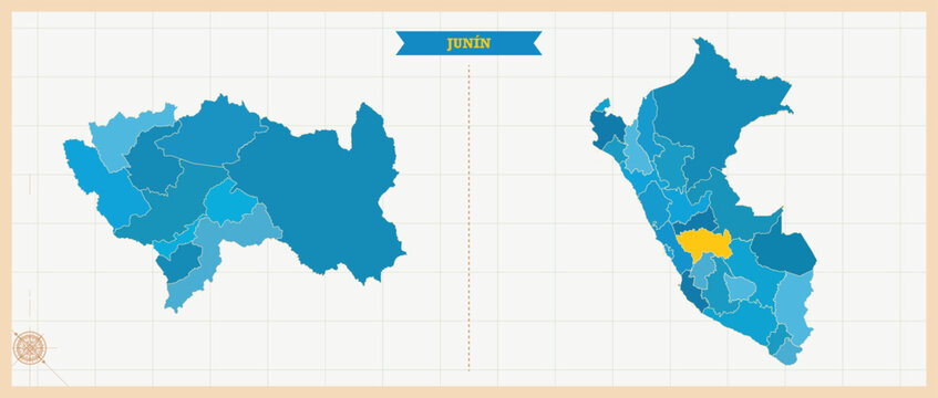 Jun&iacute;n Region Highlighted in Peru Map, Modern Peru and Jun&iacute;n Administrative Map, Colorful High Detailed Vector with Geographical Borders
