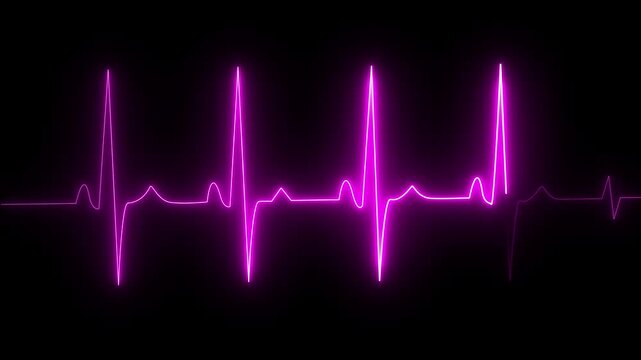 Abstract neon ECG monitor waves or electrocardiogram rhythm. Animation of colorful neon lines of ECG heartbeat on black background.