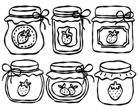 Hand drawn fruit jam jar set doodle glass bottle berry preserve icon collection