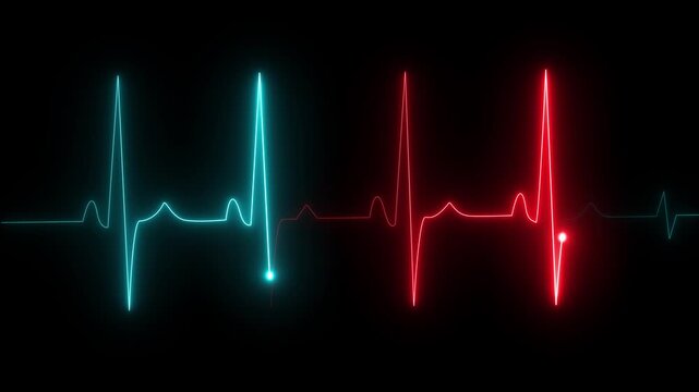Abstract heartbeat and pulse rate on black background. Glowing neon heartbeat icon. Heart bit signal animated.