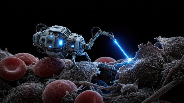 Nanorobot performing cancer treatment using advanced biotechnology targeting malignant cells with precision and glowing blue laser microscopic