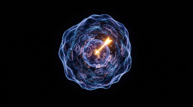 Cancer cell treatment concept with glowing arrow targeting nucleus in biotechnology research for medical innovation and therapy