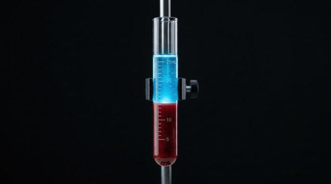 Test tube with blue and red liquid in laboratory for cancer treatment research and biotechnology development