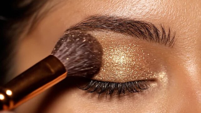 Makeup artist applying gold glitter eyeshadow to eyelid with brush