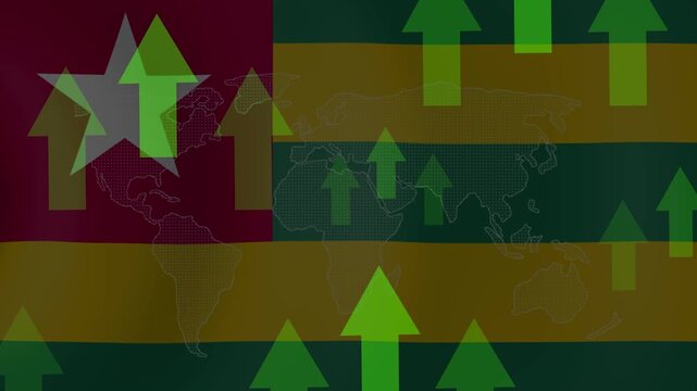 Togo Economy Growth: An overlay of upward green arrows and a subtle world map on the flag of Togo suggests economic growth and positive progress.