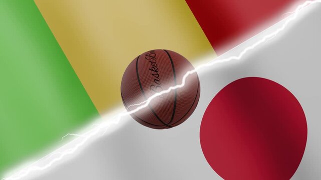 Spinning basketball ball against waving flags Japan and Mali separated by a diagonal electric effect, seamless 4k loop