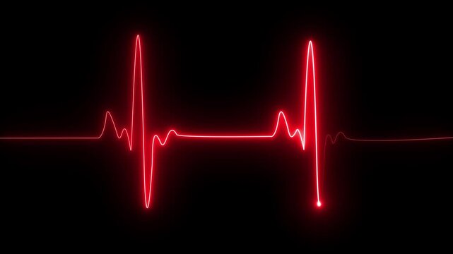 Red glowing neon heartbeat pulse animation on black background showing cardiogram line style motion graphics in loop ECG medical concept video design 4k