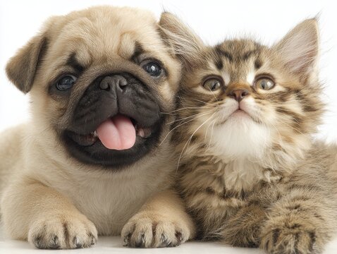Cute pug puppy and fluffy kitten together isolated on white background