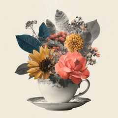 Obraz premium Artistic floral arrangement in a teacup with colorful blooms and leaves.