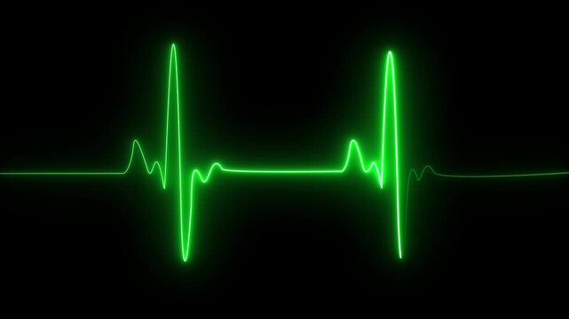 ECG heartbeat line glowing on a deep black background, with sharp pulse peaks and smooth flat segments, symbolizing heart activity, life monitoring, and medical diagnostics in a futuristic digital.