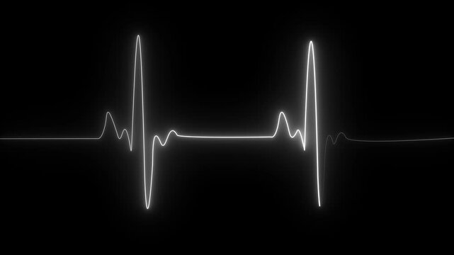 ECG heartbeat line glowing on a deep black background, with sharp pulse peaks and smooth flat segments, symbolizing heart activity, life monitoring, and medical diagnostics in a futuristic digital.