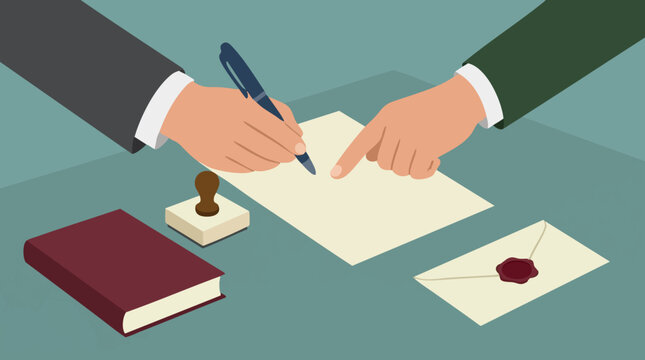 Hands signing business contract or agreement with pen, stamp and book