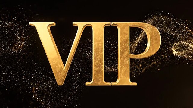 Elegant golden VIP letters displayed over a dark background with flowing gold glitter and particles
