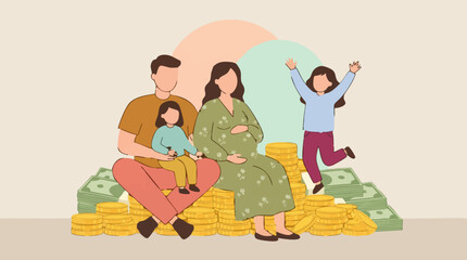 Family with children and pregnant mother sitting on stacks of money